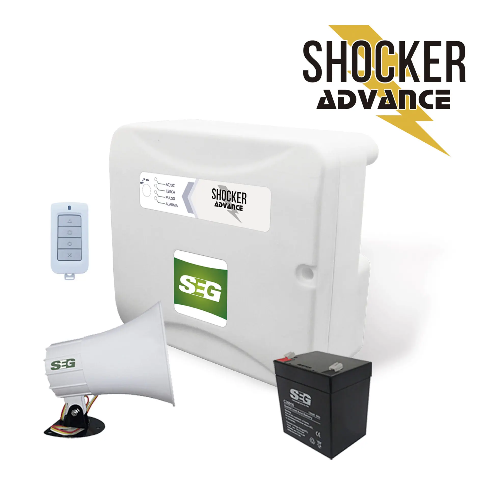 KIT ENERGIZADOR SHOCKER PRO CON LLAVE Y CONTROL INCLUYE SIRENA DE 30W Y BATERÍA DE 12V