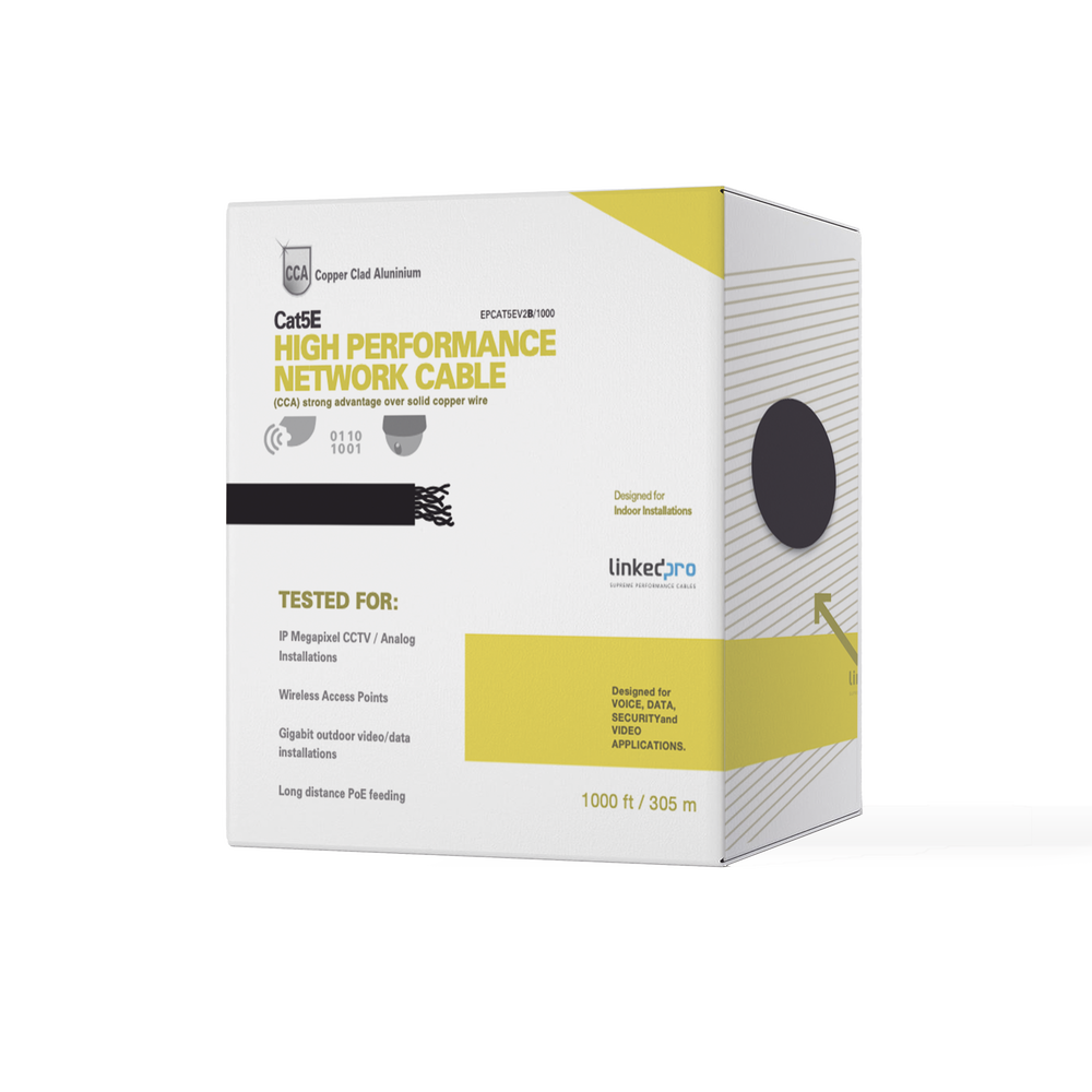Bobina de cable de 305 m (1000 ft) Cat5e, Aleación de Cobre y Aluminio (CCA), color Negro, Uso Interior.